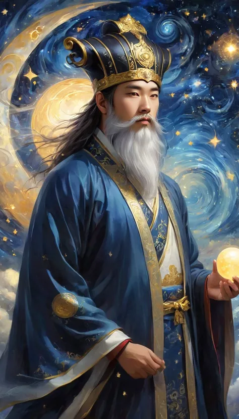 a wise old chinese taoist sorcerer in flowing black robe, long white beard and eyebrows, wearing a traditional scholar's hat, st...