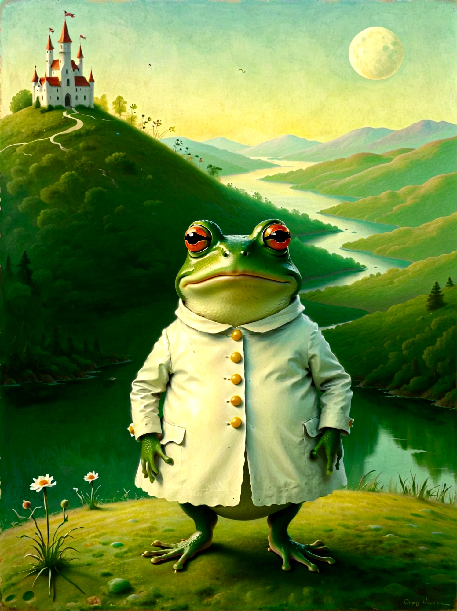 Frog Prince,cartoon creature in style of Grandma Moses