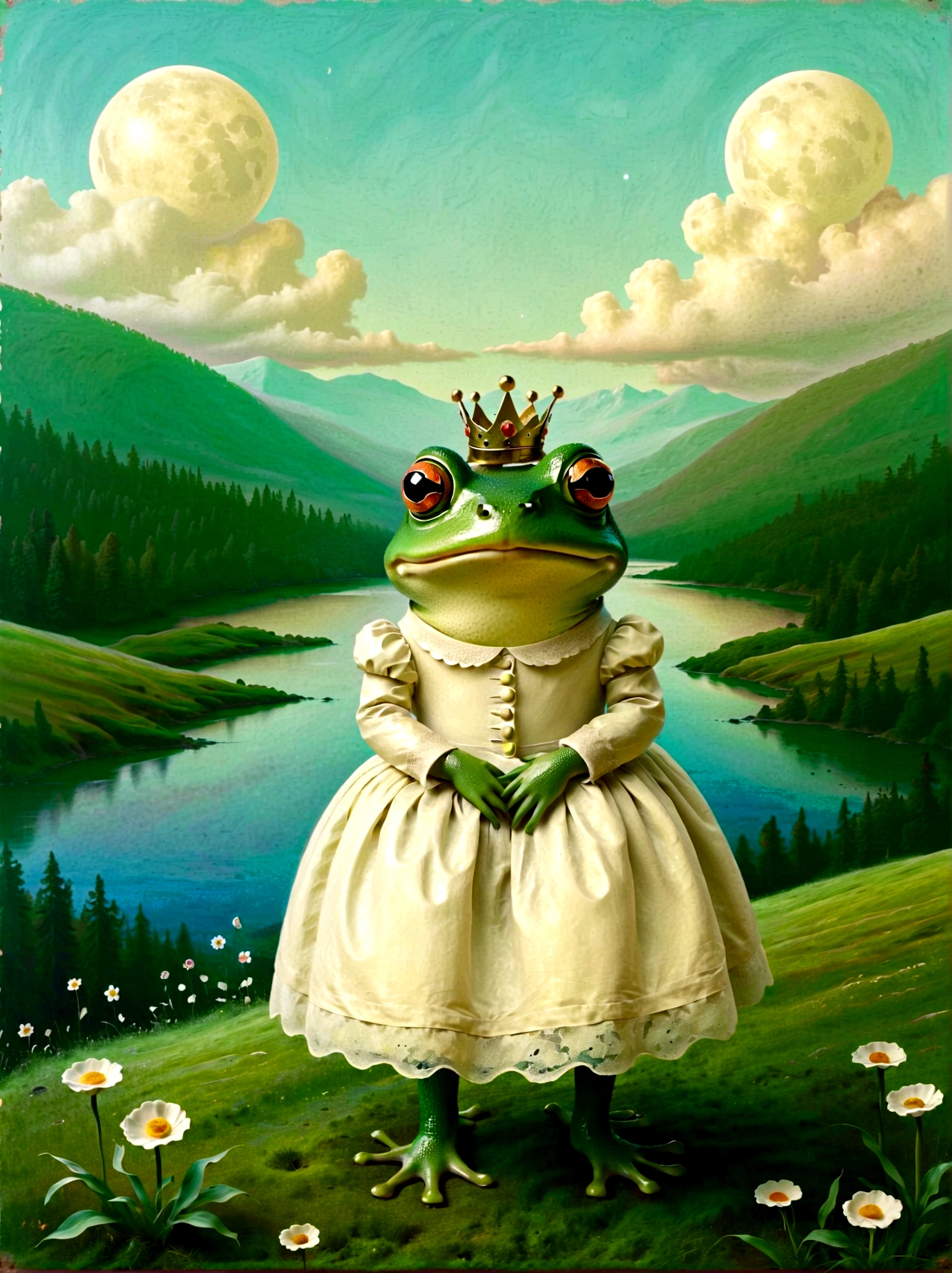 Frog Prince,cartoon creature in style of Grandma Moses