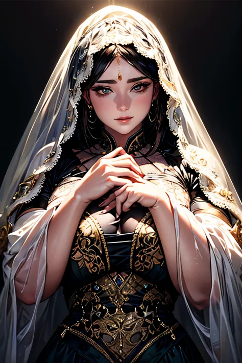 a chubby elegant woman in a white and gold veil covering her eyes, fingers on her lips, long silver nails, black background, pho...