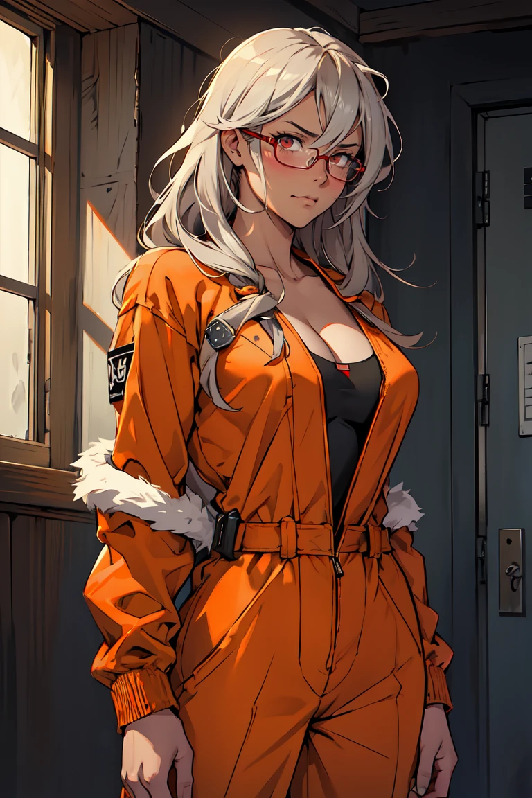 ((Masterpiece, of the highest quality; 1.3)), super quality, Beautiful detail, super detailed, extra fine, 16k, exquisite, absurd, high resolution, beautiful background, detailed background, pretty eyes, beautiful fur, animated style, 1 female, Alone, Angle from front, (((Class D Prisoner, orange jumpsuit, character portrait, high resolution, Detailed texture, realistic shadow, Stylized prison tattoos all over the body.:1.5, gloomy presentation, scarred face, rough fur, the atmosphere is cold, dark cell, Metal bars in the background., intense, expressive, dramatic, Masterpiece:1.0))), (((She is naked and wearing an orange jumpsuit.:1.5))), ((Has a nameplate:1.5)), ((Huge old that hang heavy:1.5)), neckline, Huge nipples covered, camel toe, musashi_kantaiccollection, Dark-furned_female, Dark_fur, glasses, long_Hair, Hair_in between_eyes, old, Big_old, White_Hair, two tails, Brown_eyes, red_eyes, blush, semi-rimless_glasses, negro_nails, gray_Hair, anger:1.1, dissatisfied look:1.1, orange jumpsuitを着たprisoner, with tags "Class D" Featured on the chest., Pose confidently for a person portrait.. 鮮明な画像がhigh resolutionでレンダリングされます, 精巧に描かれた質感とrealistic shadow. prisoner