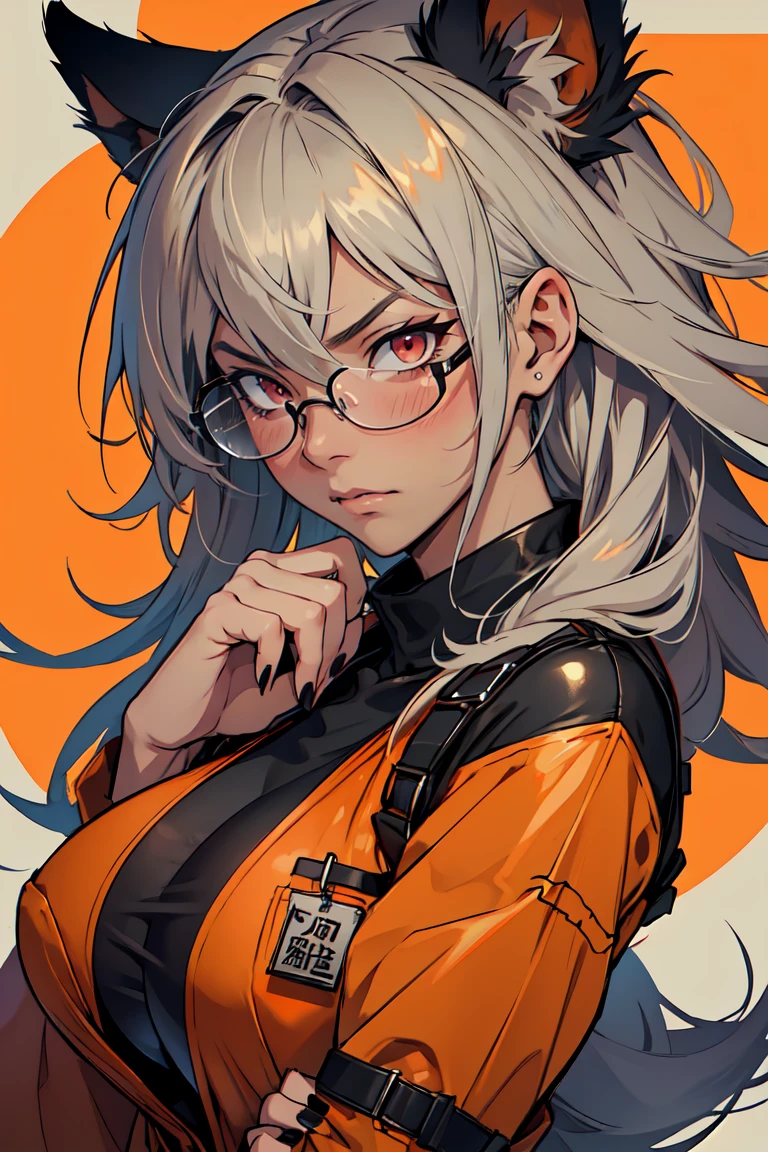 ((Masterpiece, of the highest quality; 1.3)), super quality, Beautiful detail, super detailed, extra fine, 16k, exquisite, absurd, high resolution, beautiful background, detailed background, pretty eyes, beautiful fur, animated style, 1 female, Alone, Angle from front, (((Class D Prisoner, orange jumpsuit, character portrait, high resolution, Detailed texture, realistic shadow, Stylized prison tattoos all over the body.:1.5, gloomy presentation, scarred face, black fur, the atmosphere is cold, dark cell, Metal bars in the background., intense, expressive, dramatic, Masterpiece:1.0))), (((She is naked and wearing an orange jumpsuit.:1.5))), ((Has a nameplate:1.5)), ((Huge old that hang heavy:1.5)), neckline, Huge nipples covered, camel toe, musashi_kantaiccollection, Dark-furned_female, Dark_fur, glasses, long_Hair, Hair_in between_eyes, old, Big_old, White_Hair, two tails, Brown_eyes, red_eyes, blush, semi-rimless_glasses, negro_nails, gray_Hair, anger:1.1, dissatisfied look:1.1, orange jumpsuitを着たprisoner, with tags "Class D" Featured on the chest., Pose confidently for a person portrait.. 鮮明な画像がhigh resolutionでレンダリングされます, 精巧に描かれた質感とrealistic shadow. prisoner