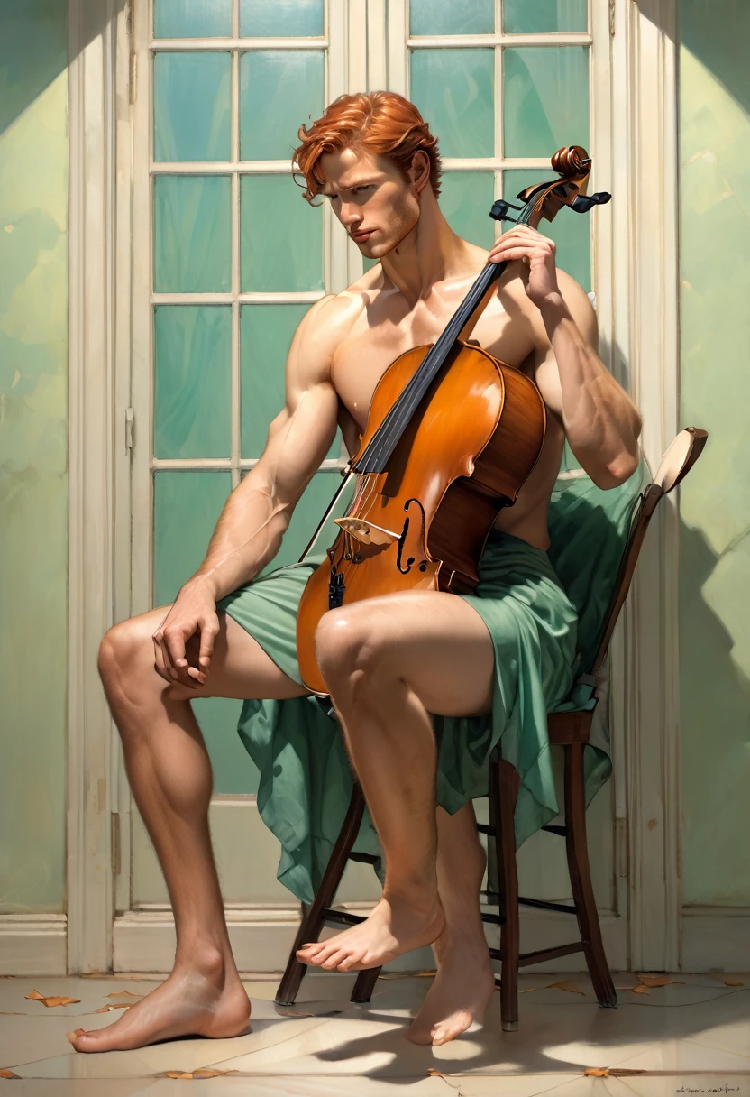 1 latino man behind the window is watching to a ginger man playing a cello by Aaron Horkey and Jeremy Mann, masterpiece, best quality, Photorealistic, ultra-high resolution, photographic light, illustration by MSchiffer, fairytale, Hyper detailed A mixture of photography and painting, simetryc Composition, Perfect Divine Proportione, 8k resolution fullbody image,(( view from above)) full body, oil painting high chroma colors A young man, white skin, ginger, barbed, hairy body, thin face, straight nose, thin lips, square chin, large light blue eyes, short red wavy hair, in roberto ferri style, aesthetic slim athletic body, ginger realistic skin, gorgeous, detailed tonned muscles, barefoot, perfect anatomy, muscled fitness body, Young man, perfect anatomy, , energetic splendid, Barefoot, naked, small flacid penis, slim and detailed muscles, shirtless, pantless, fullbody, wearing sandals, the composition of shadows and lights give an atmosphere of spaciousness, he is sitting naked playing a green high-chroma cello in the backgroound, gargen with pastel green jazmis
