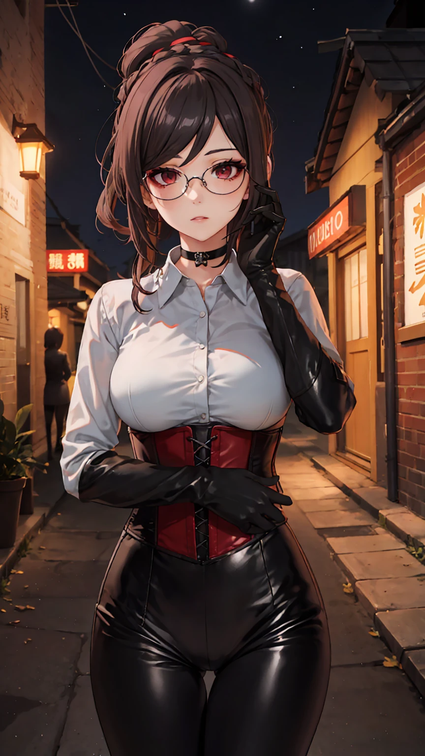 1 girl, Chiori \(genshin impact\), Alone, choker:1.6, White long sleeve shirt with long sleeve collar, black leather corset, black gloves that cover your hands, shiny black leggings, glasses, looking at the viewer,, inside, depth of field, expressionless, alley, at night