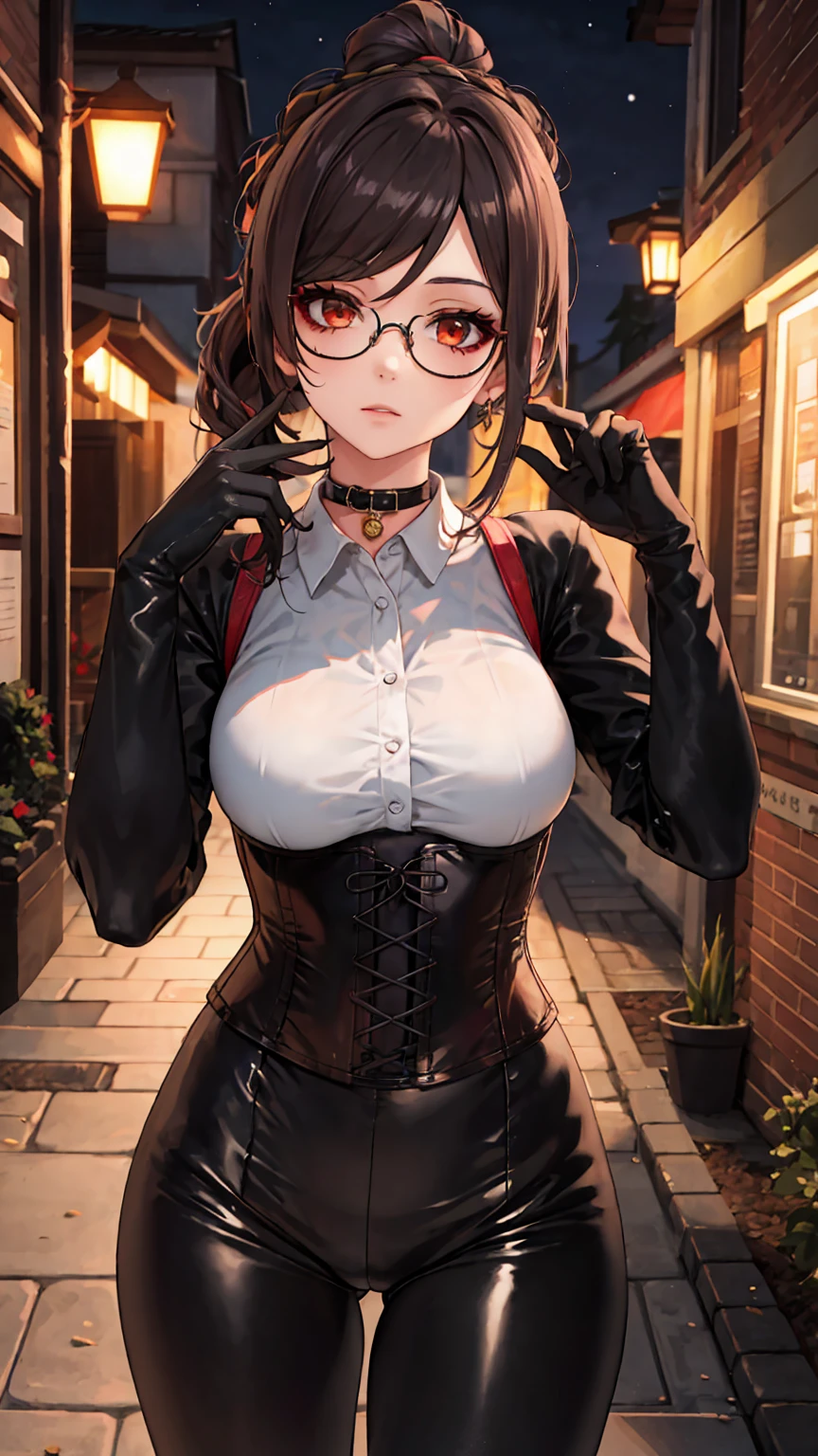 1 girl, Chiori \(genshin impact\), Alone, choker:1.6, White long sleeve shirt with long sleeve collar, black leather corset, black gloves that cover your hands, shiny black leggings, glasses, looking at the viewer,, inside, depth of field, expressionless, alley, at night