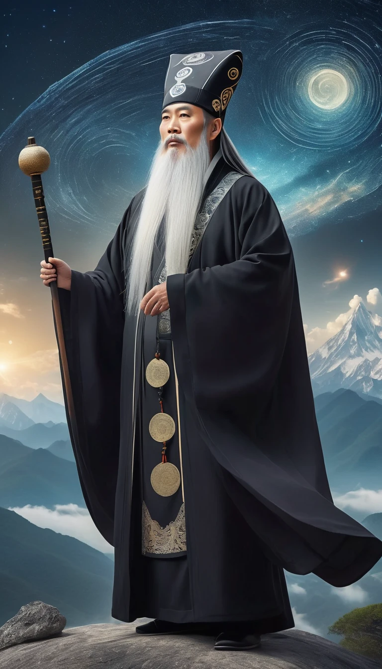 a wise old Chinese Taoist sorcerer in flowing black robe, long white beard and eyebrows, wearing a traditional scholar's hat, standing on a mountain peak gazing at the starry night sky, surrounded by glowing mystical runes and symbols, ethereal atmosphere, highly detailed, cinematic lighting, digital art, concept art, fantasy