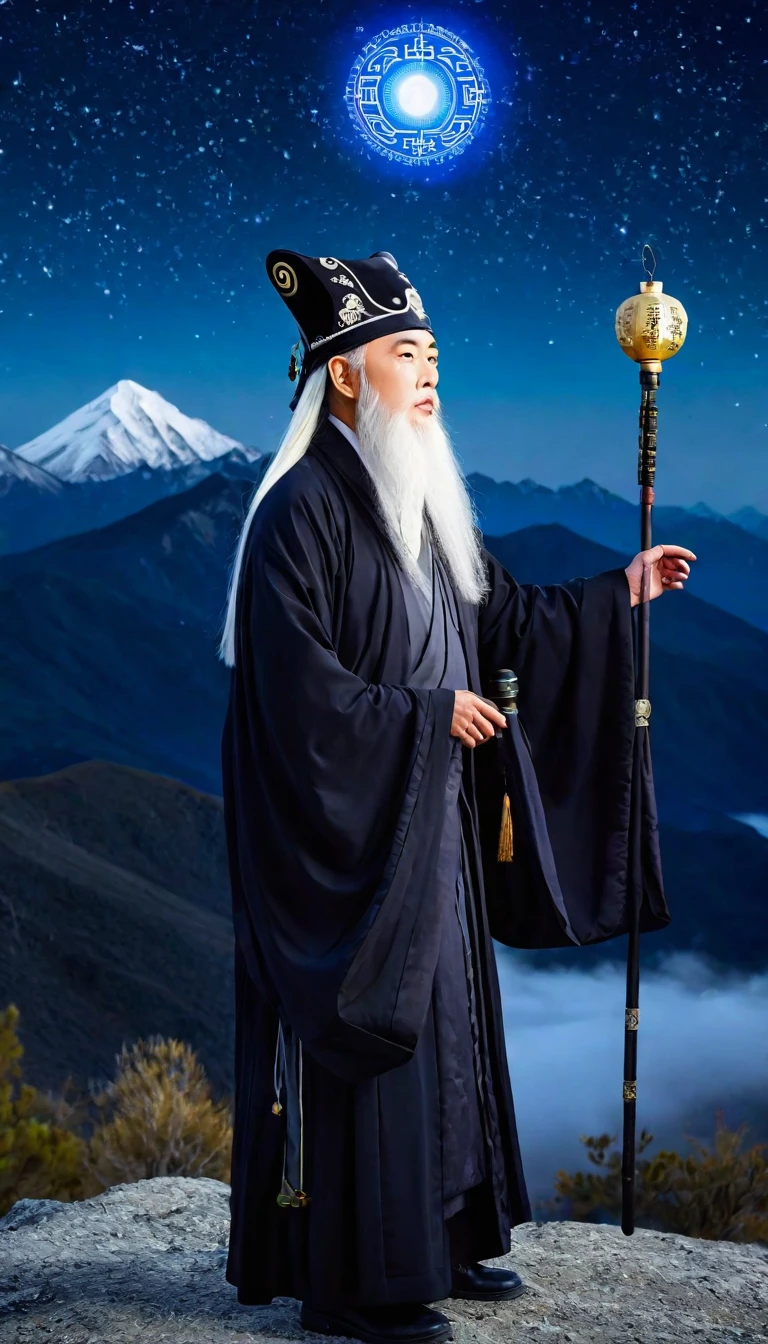 a wise old Chinese Taoist sorcerer in flowing black robe, long white beard and eyebrows, wearing a traditional scholar's hat, standing on a mountain peak gazing at the starry night sky, surrounded by glowing mystical runes and symbols, ethereal atmosphere, highly detailed, cinematic lighting, digital art, concept art, fantasy