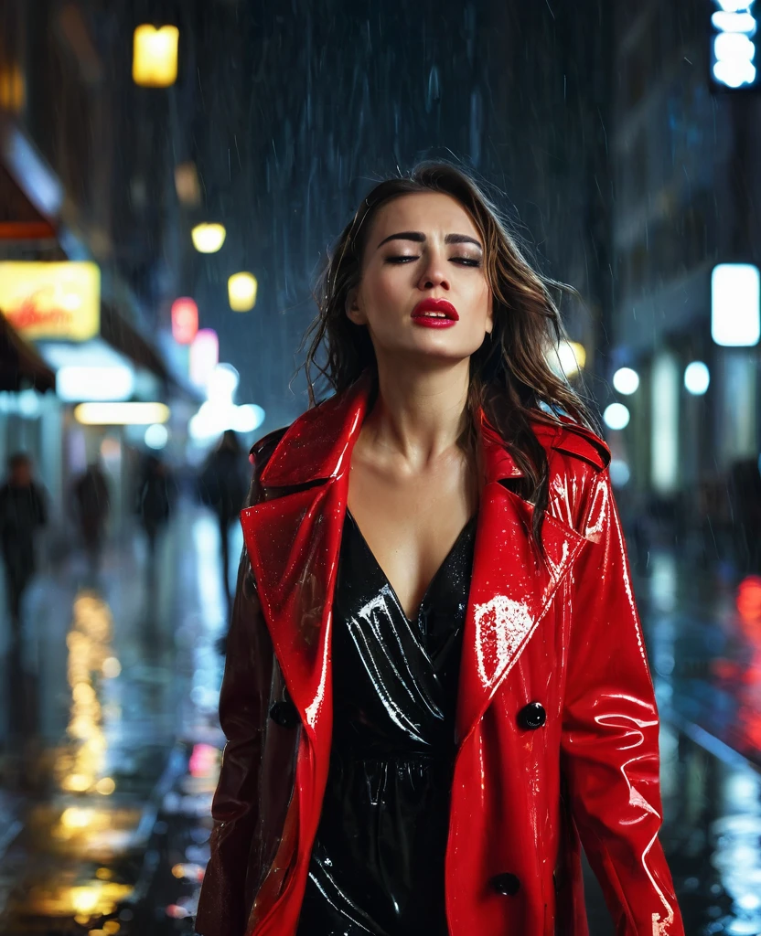 Sexy woman, expensive clothing, walking through the city at night, crying in the rain. 