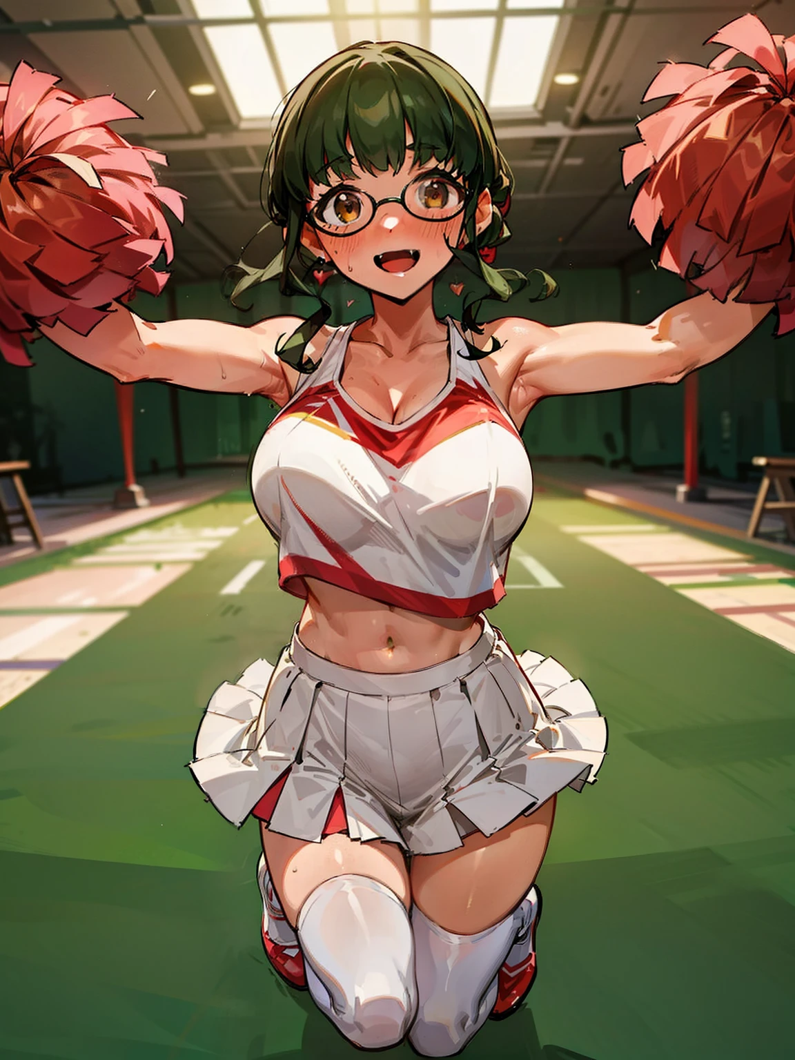 Anime girl with glasses and cheerleaders sitting on the ground - SeaArt AI