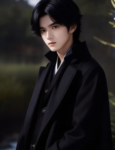 a boy black coat、Black Hair、1 boy with black eyes、Fantasy Art、