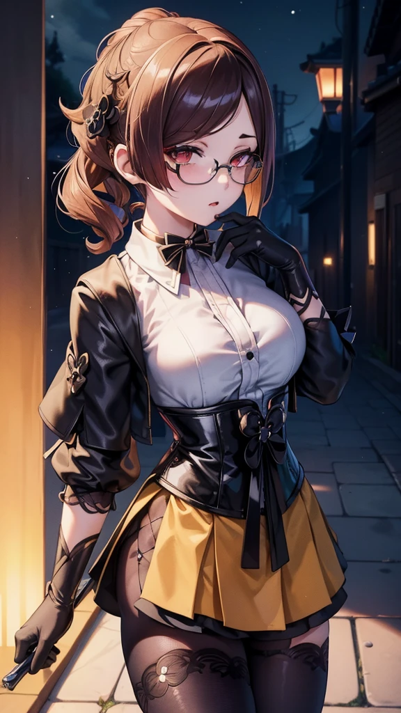 1 girl, Chiori \(genshin impact\), Alone, choker:1.6, White long sleeve shirt with long sleeve collar, black leather corset, black gloves that cover your hands, shiny black leggings, glasses, looking at the viewer,, inside, depth of field, expressionless, alley, at night