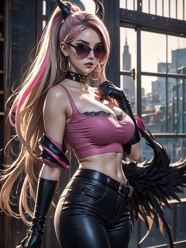 morrigan_Aensland, Hermoso rostro, Ojos rosados, ojos amorosos, demonio, juntos, cara estricta, evil sonrisa,siendo realista，Chica de 22 años，rubia corta、Gran cuerpo, lenceria sexy encaje negro ,ojos perfectos, manojos de pelo、very very pelo largo, cabello ultradetallado, cuerpo de nailon sexy, Senos agrandados、 Gran cuerpo, rubio, mujer 1.90 cm,cola de caballo, ((pelo sobre los ojos)),boca perfecta, oppai de gran rebote masivo, piel mojada, (obra maestra, mejor calidad:1.2), 1 chica, solo, Fondo de la ciudad, bruma \(fortnite\), Harpy Haze de fortnite, 1 chica, pendientes, anteojos, tiene, joyas, labios, pelo largo, mirando al espectador, constituir, esmalte de uñas, Ojos rosados, Cabello rosado, uñas rosas, sonrisa, sunanteojos, gafas teñidas, cinturón, black pantalones, top corto, sombra, diafragma, ombligo, pantalones, Gargantilla, uñas, gafas redondas, sharp uñas, de pie, black plumas, sombreros negros, hoop pendientes, sombreros con cuernos, cuernos, denim, brazos alados, adorno de plumas, estrella \(símbolo\), guantes de codo, dark pink labios, plumas, tacones, zapatos, angel alas, brazalete, black alas, top corto overhang, feathered alas, arpía, low alas, pelo multicolor, multicolored alas, pink alas, alas, Guantes sin dedos, camisa, long uñas, boater tiene, bootcut pantalones, leather pantalones, mangas, black mangas,oppai de gran rebote masivo,oppai de gran rebote masivo,oppai de gran rebote masivo,oppai de gran rebote masivo,oppai de gran rebote masivo,
