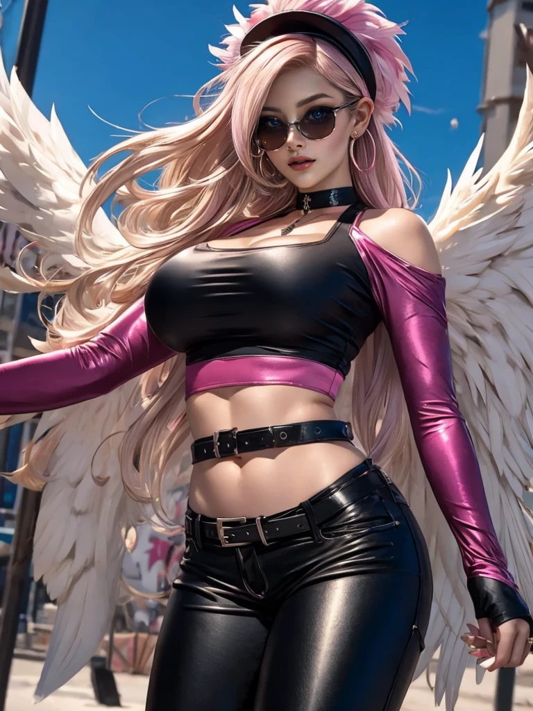 morrigan_Aensland, Hermoso rostro, Ojos rosados, ojos amorosos, demonio, juntos, cara estricta, evil sonrisa,siendo realista，Chica de 22 años，rubia corta、Gran cuerpo, lenceria sexy encaje negro ,ojos perfectos, manojos de pelo、very very pelo largo, cabello ultradetallado, cuerpo de nailon sexy, Senos agrandados、 Gran cuerpo, rubio, mujer 1.90 cm,cola de caballo, ((pelo sobre los ojos)),boca perfecta, oppai de gran rebote masivo, piel mojada, (obra maestra, mejor calidad:1.2), 1 chica, solo, Fondo de la ciudad, bruma \(fortnite\), Harpy Haze de fortnite, 1 chica, pendientes, anteojos, tiene, joyas, labios, pelo largo, mirando al espectador, constituir, esmalte de uñas, Ojos rosados, Cabello rosado, uñas rosas, sonrisa, sunanteojos, gafas teñidas, cinturón, black pantalones, top corto, sombra, diafragma, ombligo, pantalones, Gargantilla, uñas, gafas redondas, sharp uñas, de pie, black plumas, sombreros negros, hoop pendientes, sombreros con cuernos, cuernos, denim, brazos alados, adorno de plumas, estrella \(símbolo\), guantes de codo, dark pink labios, plumas, tacones, zapatos, angel alas, brazalete, black alas, top corto overhang, feathered alas, arpía, low alas, pelo multicolor, multicolored alas, pink alas, alas, Guantes sin dedos, camisa, long uñas, boater tiene, bootcut pantalones, leather pantalones, mangas, black mangas,oppai de gran rebote masivo,oppai de gran rebote masivo,oppai de gran rebote masivo,
