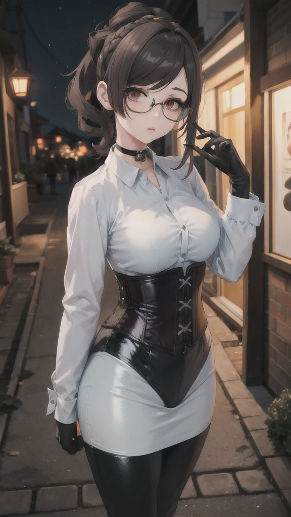 1 girl, Chiori \(genshin impact\), Alone, choker:1.6, White long sleeve shirt with long sleeve collar, black leather corset, black gloves that cover your hands, shiny black leggings, glasses, looking at the viewer,, inside, depth of field, expressionless, alley, at night