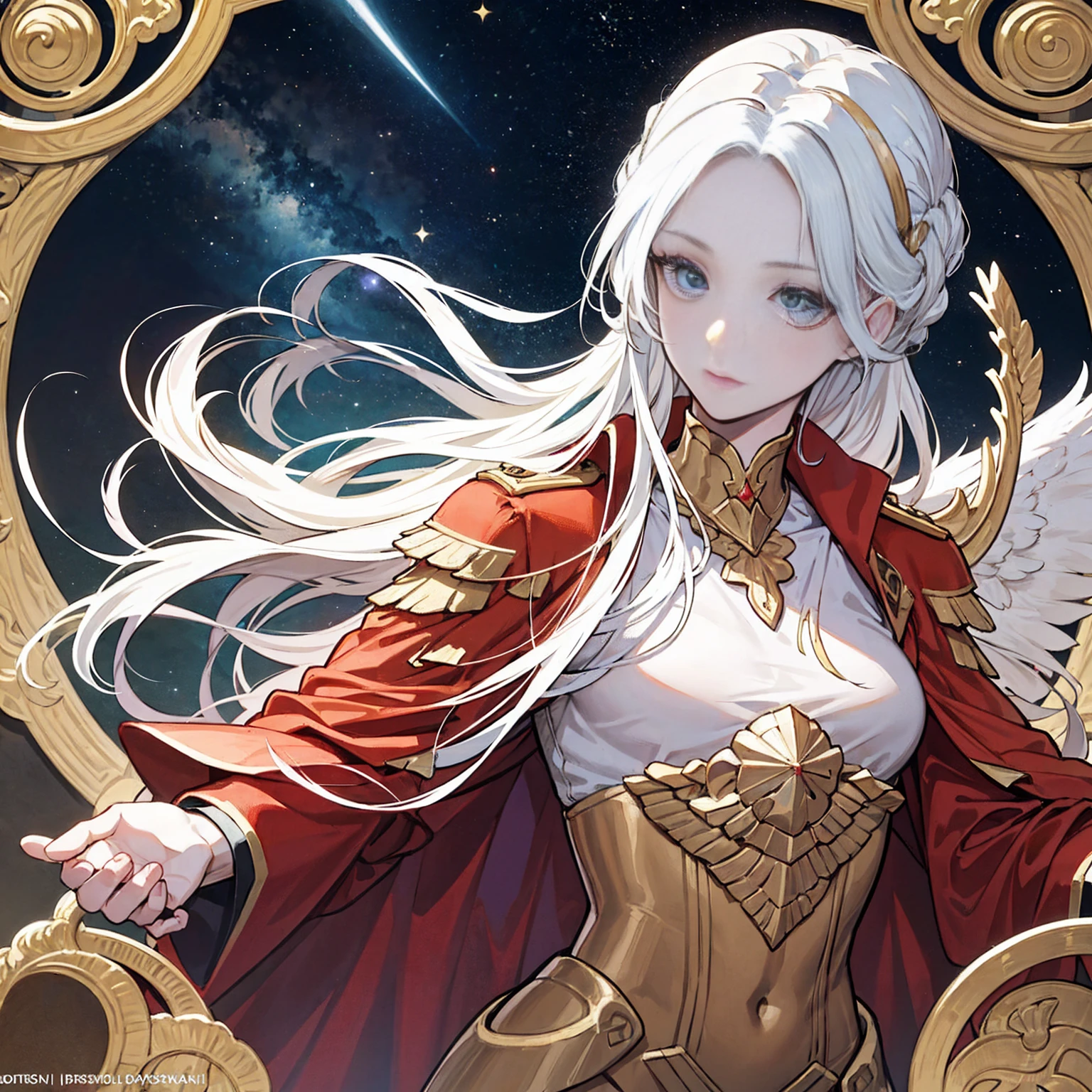 قم بإنشاء ملصق فيلم عالي الدقة بأسلوب ألفونس موتشا, يضم Edelgard von Hresvelg من Fire Emblem بوجه مفصل, الشعر الأبيض المتدفق, أقفال جانبية مضفرة, عين ذهبية, وزي الإمبراطور, مع التركيز على الجزء العلوي من الجسم (شقة الصدر).  تشمل جميلة, عيون مفصلة, يد مفصلة, إضاءة الأفلام الرياضية, جلد شاحب, ووضعية ديناميكية تنظر مباشرة إلى المشاهد.  استخدم أسلوب غلاف المجلة مع الجلد المحكم, تفاصيل فائقة, حدود التارو, خطوط ديناميكية, نظام الألوان الخافت, وتصوير منفرد لكامل الجسم.  للموجه البديل, يصور وجهًا مفصلاً بابتسامة ناعمة لنصف إله سومري يرتدي أردية بيضاء وغار, تقع على خلفية حضارة بلاد ما بين النهرين المزدهرة مع القصور القديمة, النجوم, والجسيمات العائمة, في اشارة الى زقورة أوروك.