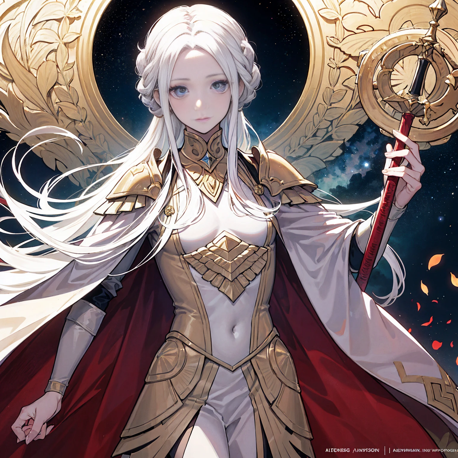 Genera un póster de película de alta resolución al estilo de Alphonse Mucha, presentando a Edelgard von Hresvelg de Fire Emblem con un rostro detallado, pelo blanco que fluye, Cierres laterales trenzados, un ojo de oro, y el atuendo del Emperador, con un enfoque en la parte superior del cuerpo (pecho plano).  Incluir hermoso, ojos detallados, Una mano detallada, iluminación de película deportiva, Piel pálida, y una pose dinámica mirando directamente al espectador.  Utilice un estilo de portada de revista con piel texturizada, Súper detalle, bordes de tarot, rachas dinámicas, una paleta de colores tenue, y retrato completo de cuerpo entero.  Para la indicación alternativa, representa un rostro detallado con una suave sonrisa de un semidiós sumerio con túnicas blancas y laurel, ambientado en un telón de fondo de una civilización mesopotámica próspera con palacios antiguos, estrellas, y partículas flotantes, haciendo referencia al zigurat de Uruk.