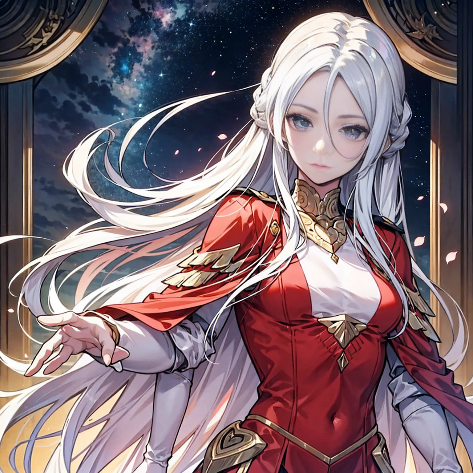 Gere um pôster de filme em alta resolução no estilo de Alphonse Mucha, apresentando Edelgard von Hresvelg de Fire Emblem com um rosto detalhado, Cabelo branco esvoaçante, mechas laterais trançadas, um olho de ouro, e o traje do Imperador, com foco na parte superior do corpo (peito achatado).  Incluir lindo, olhos detalhados, Uma mão detalhada, iluminação de filmes esportivos, pele pálida, e uma pose dinâmica olhando diretamente para o espectador.  Use um estilo de capa de revista com pele texturizada, Super Detalhe, fronteiras de tarô, listras dinâmicas, um esquema de cores escuro, e retrato solo de corpo inteiro.  Para o prompt alternativo, retratam um rosto detalhado com um sorriso suave de um semideus sumério em vestes brancas e louro, tendo como pano de fundo uma próspera civilização mesopotâmica com palácios antigos, Estrelas, e partículas flutuantes, referenciando o zigurate de Uruk.