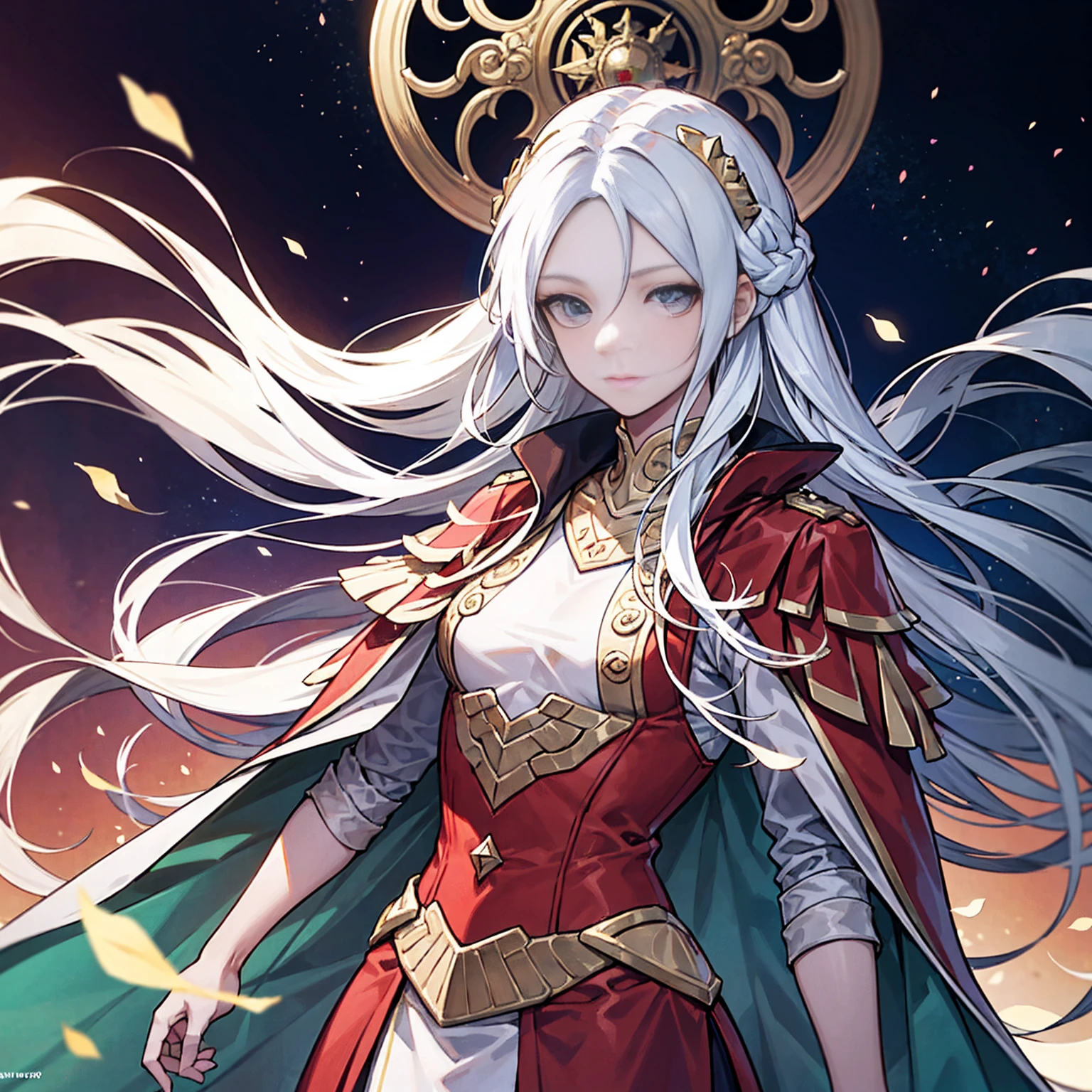 Genera un póster de película de alta resolución al estilo de Alphonse Mucha, presentando a Edelgard von Hresvelg de Fire Emblem con un rostro detallado, pelo blanco que fluye, Cierres laterales trenzados, un ojo de oro, y el atuendo del Emperador, con un enfoque en la parte superior del cuerpo (pecho plano).  Incluir hermoso, ojos detallados, Una mano detallada, iluminación de película deportiva, Piel pálida, y una pose dinámica mirando directamente al espectador.  Utilice un estilo de portada de revista con piel texturizada, Súper detalle, bordes de tarot, rachas dinámicas, una paleta de colores tenue, y retrato completo de cuerpo entero.  Para la indicación alternativa, representa un rostro detallado con una suave sonrisa de un semidiós sumerio con túnicas blancas y laurel, ambientado en un telón de fondo de una civilización mesopotámica próspera con palacios antiguos, estrellas, y partículas flotantes, haciendo referencia al zigurat de Uruk.