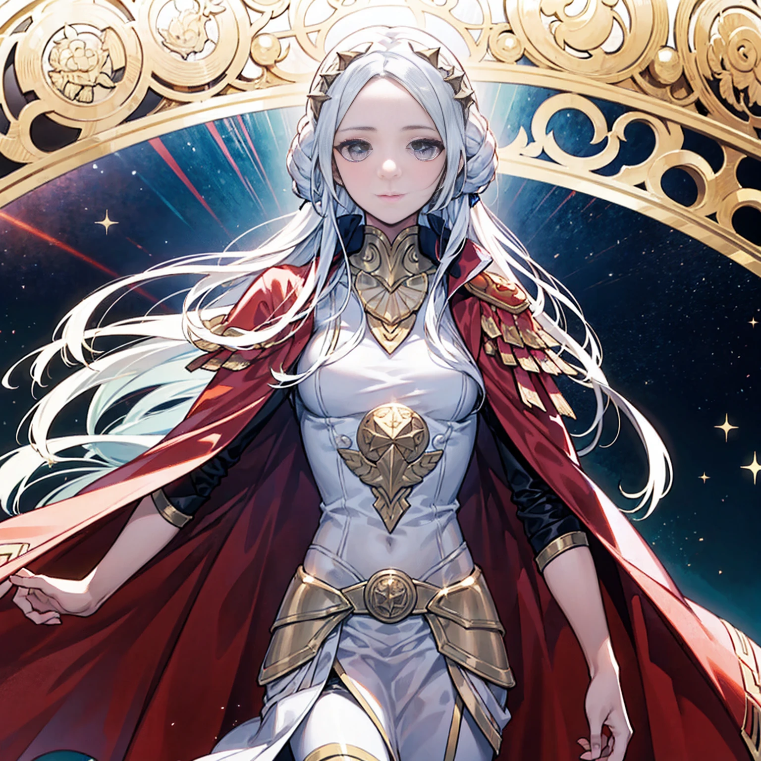 Genera un póster de película de alta resolución al estilo de Alphonse Mucha, presentando a Edelgard von Hresvelg de Fire Emblem con un rostro detallado, pelo blanco que fluye, Cierres laterales trenzados, un ojo de oro, y el atuendo del Emperador, con un enfoque en la parte superior del cuerpo (pecho plano).  Incluir hermoso, ojos detallados, Una mano detallada, iluminación de película deportiva, Piel pálida, y una pose dinámica mirando directamente al espectador.  Utilice un estilo de portada de revista con piel texturizada, Súper detalle, bordes de tarot, rachas dinámicas, una paleta de colores tenue, y retrato completo de cuerpo entero.  Para la indicación alternativa, representa un rostro detallado con una suave sonrisa de un semidiós sumerio con túnicas blancas y laurel, ambientado en un telón de fondo de una civilización mesopotámica próspera con palacios antiguos, estrellas, y partículas flotantes, haciendo referencia al zigurat de Uruk.