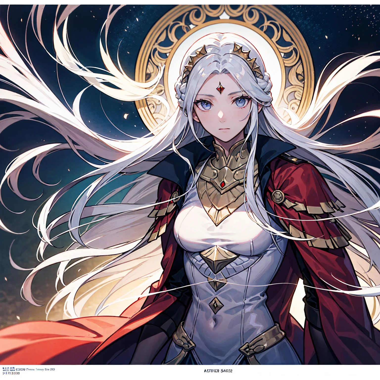 Genera un póster de película de alta resolución al estilo de Alphonse Mucha, presentando a Edelgard von Hresvelg de Fire Emblem con un rostro detallado, pelo blanco que fluye, Cierres laterales trenzados, un ojo de oro, y el atuendo del Emperador, con un enfoque en la parte superior del cuerpo (pecho plano).  Incluir hermoso, ojos detallados, Una mano detallada, iluminación de película deportiva, Piel pálida, y una pose dinámica mirando directamente al espectador.  Utilice un estilo de portada de revista con piel texturizada, Súper detalle, bordes de tarot, rachas dinámicas, una paleta de colores tenue, y retrato completo de cuerpo entero.  Para la indicación alternativa, representa un rostro detallado con una suave sonrisa de un semidiós sumerio con túnicas blancas y laurel, ambientado en un telón de fondo de una civilización mesopotámica próspera con palacios antiguos, estrellas, y partículas flotantes, haciendo referencia al zigurat de Uruk.