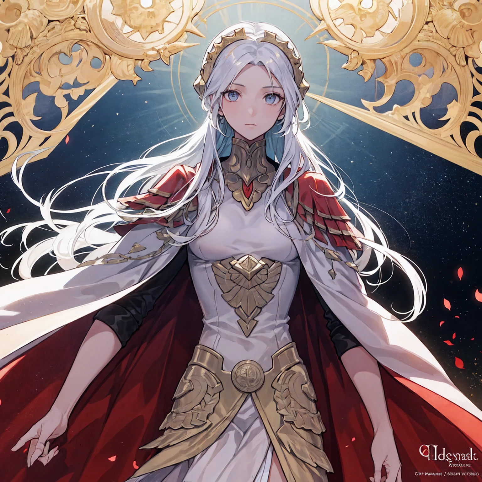 Genera un póster de película de alta resolución al estilo de Alphonse Mucha, presentando a Edelgard von Hresvelg de Fire Emblem con un rostro detallado, pelo blanco que fluye, Cierres laterales trenzados, un ojo de oro, y el atuendo del Emperador, con un enfoque en la parte superior del cuerpo (pecho plano).  Incluir hermoso, ojos detallados, Una mano detallada, iluminación de película deportiva, Piel pálida, y una pose dinámica mirando directamente al espectador.  Utilice un estilo de portada de revista con piel texturizada, Súper detalle, bordes de tarot, rachas dinámicas, una paleta de colores tenue, y retrato completo de cuerpo entero.  Para la indicación alternativa, representa un rostro detallado con una suave sonrisa de un semidiós sumerio con túnicas blancas y laurel, ambientado en un telón de fondo de una civilización mesopotámica próspera con palacios antiguos, estrellas, y partículas flotantes, haciendo referencia al zigurat de Uruk.