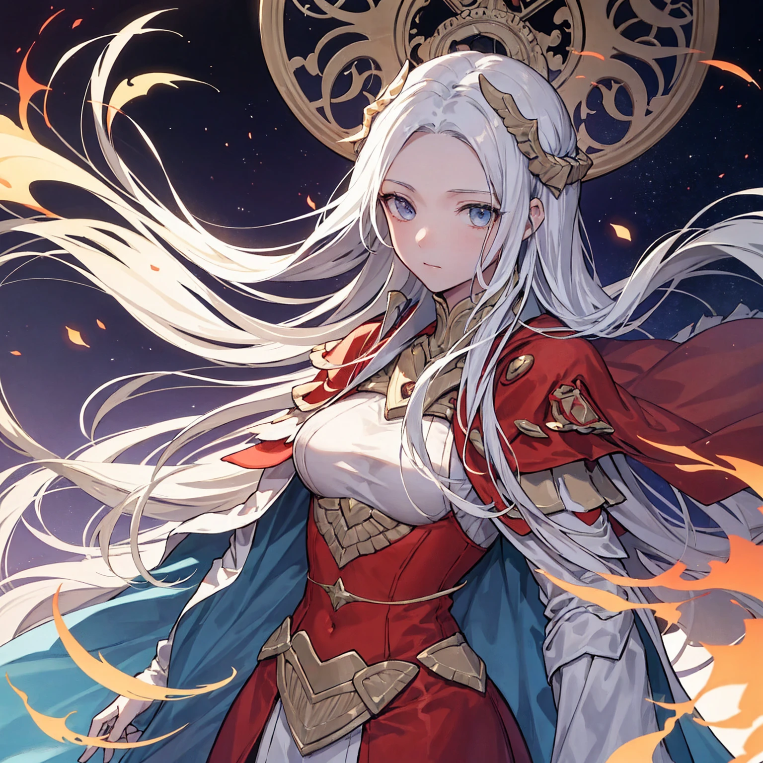 Generate a high-resolution movie poster in the style of Alphonse Mucha, featuring Edelgard von Hresvelg from Fire Emblem with a detailed face, flowing white hair, braided side locks, a gold eye, and the Emperor's costume, with a focus on the upper body (flat-chest).  Include beautiful, detailed eyes, a detailed hand, sports film lighting, pale skin, and a dynamic pose looking directly at the viewer.  Use a magazine cover style with textured skin, super detail, tarot borders, dynamic streaks, a dim color scheme, and solo full-body portrayal.  For the alternate prompt, depict a detailed face with a soft smile of a Sumerian demigod in white robes and laurel, set against a backdrop of a thriving Mesopotamian civilization with ancient palaces, stars, and floating particles, referencing the ziggurat of Uruk.