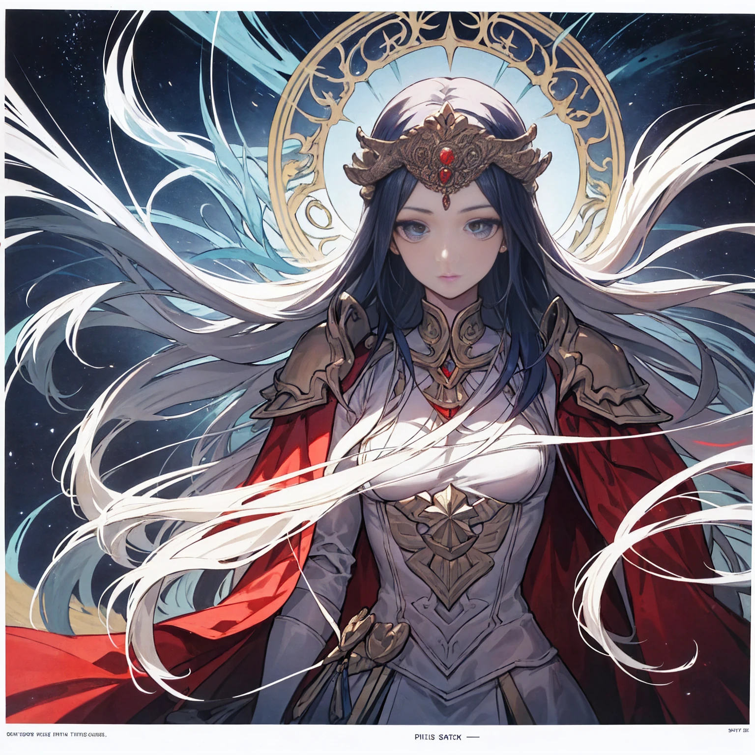 Gere um pôster de filme em alta resolução no estilo de Alphonse Mucha, apresentando Edelgard von Hresvelg de Fire Emblem com um rosto detalhado, Cabelo branco esvoaçante, mechas laterais trançadas, um olho de ouro, e o traje do Imperador, com foco na parte superior do corpo (peito achatado).  Incluir lindo, olhos detalhados, Uma mão detalhada, iluminação de filmes esportivos, pele pálida, e uma pose dinâmica olhando diretamente para o espectador.  Use um estilo de capa de revista com pele texturizada, Super Detalhe, fronteiras de tarô, listras dinâmicas, um esquema de cores escuro, e retrato solo de corpo inteiro.  Para o prompt alternativo, retratam um rosto detalhado com um sorriso suave de um semideus sumério em vestes brancas e louro, tendo como pano de fundo uma próspera civilização mesopotâmica com palácios antigos, Estrelas, e partículas flutuantes, referenciando o zigurate de Uruk.