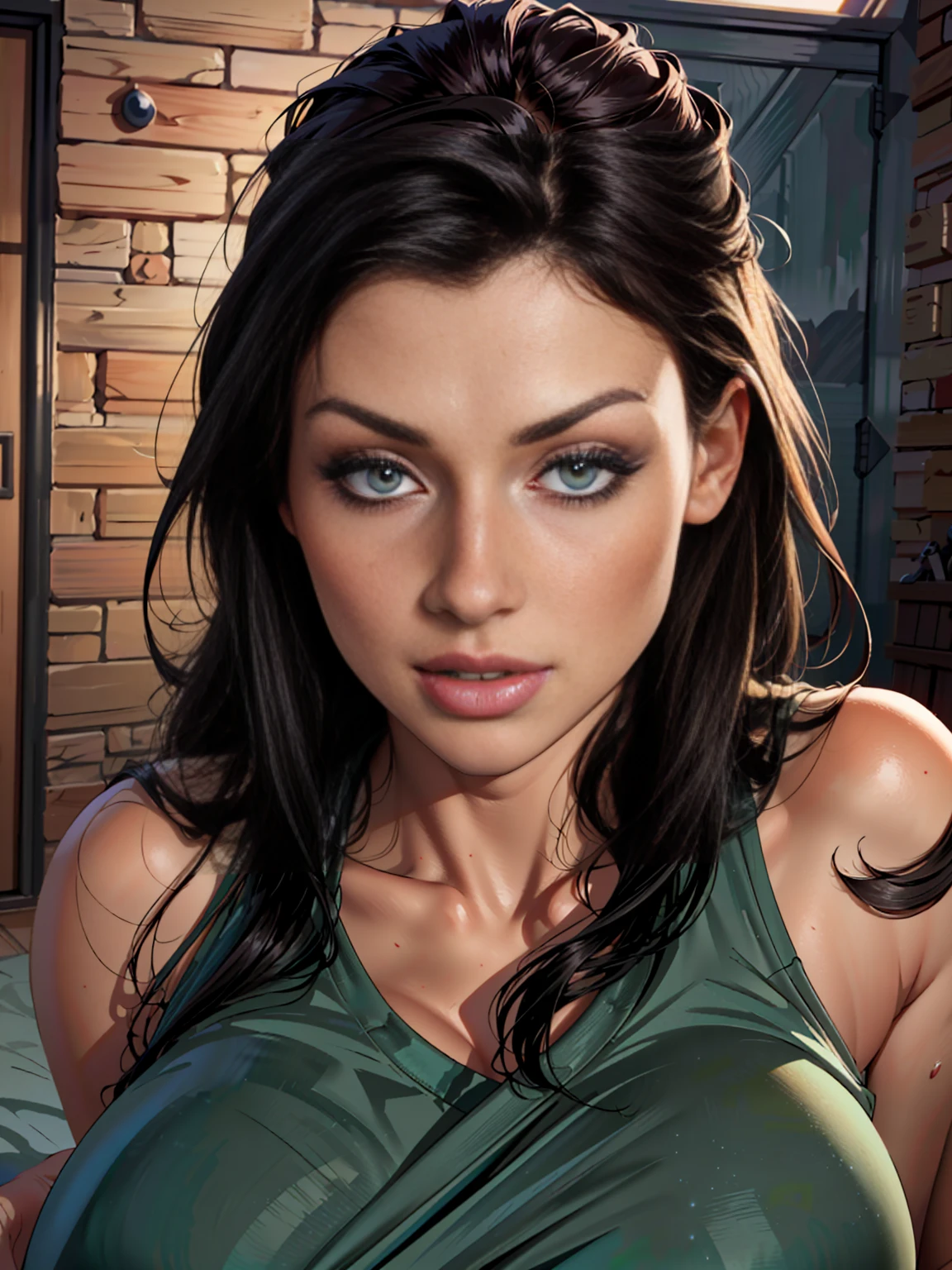 (surreal), (illustration), (high resolution), (in 8K), (extreme detail), (Best illustration), (Beautiful Detail), (best qualityer), (masseuse piece), (wall-paper), ( face detailed),a blond、hypdertailed、Her bangs are parted and her forehead is visible..、Jillvalentine、black tee、Loading panel equipment、cowboy shot、realistic fantasy rendering, Realistic rendering of anime girl, (large breasted: 1.4) popular em CGStation, 4K、highlight in the eyes、（Background with、garage）
