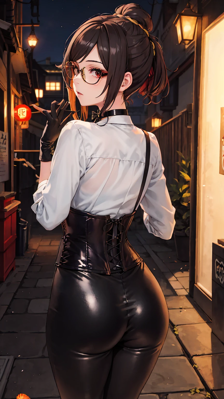 1 girl, Chiori \(genshin impact\), Alone, view from behind, perfect ass, choker:1.6, White long sleeve shirt with long sleeve collar, black leather corset, black gloves that cover your hands, shiny black leggings, glasses, looking at the viewer,, inside, depth of field, expressionless, alley, at night