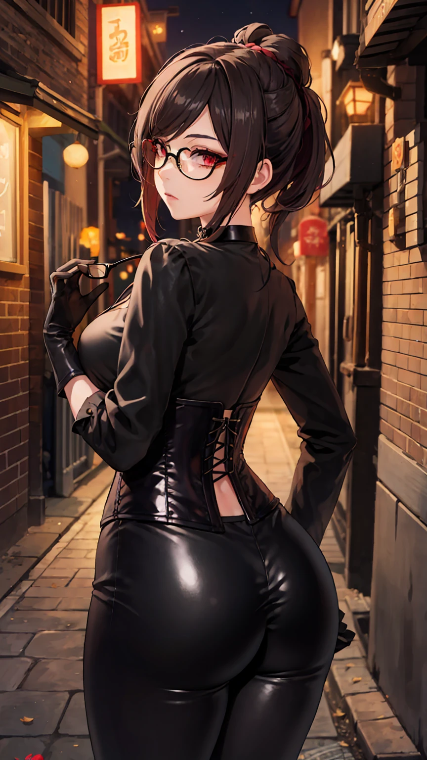 1 girl, Chiori \(genshin impact\), Alone, view from behind, perfect ass, choker:1.6, White long sleeve shirt with long sleeve collar, black leather corset, black gloves that cover your hands, shiny black leggings, glasses, looking at the viewer,, inside, depth of field, expressionless, alley, at night