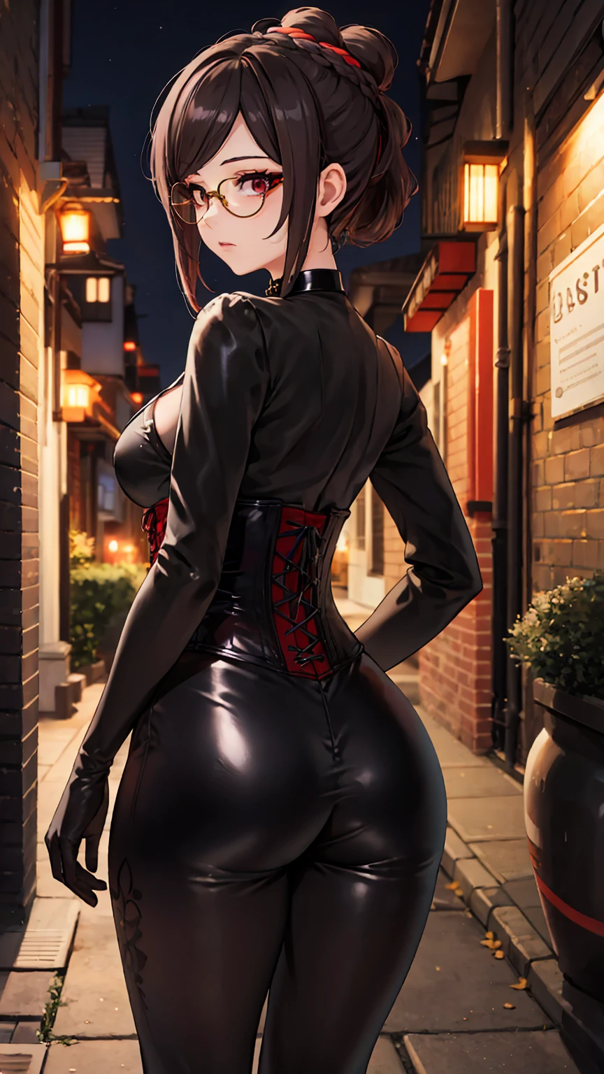 1 girl, Chiori \(genshin impact\), Alone, view from behind, perfect ass, choker:1.6, White long sleeve shirt with long sleeve collar, black leather corset, black gloves that cover your hands, shiny black leggings, glasses, looking at the viewer,, inside, depth of field, expressionless, alley, at night