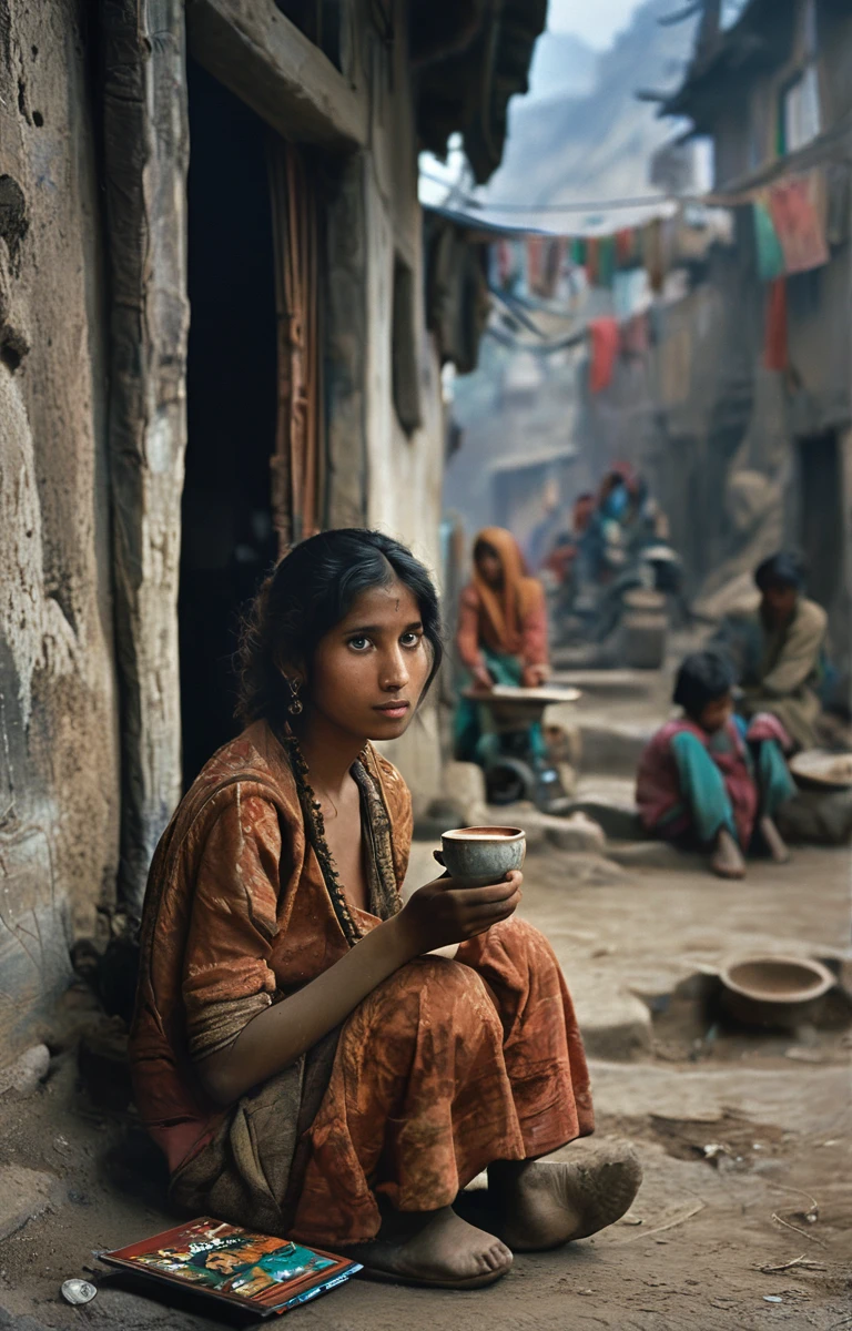 masterpiece,best quality,illustration,style of Steve McCurry, a photograph of a young woman drinking coffee, Himalayan market