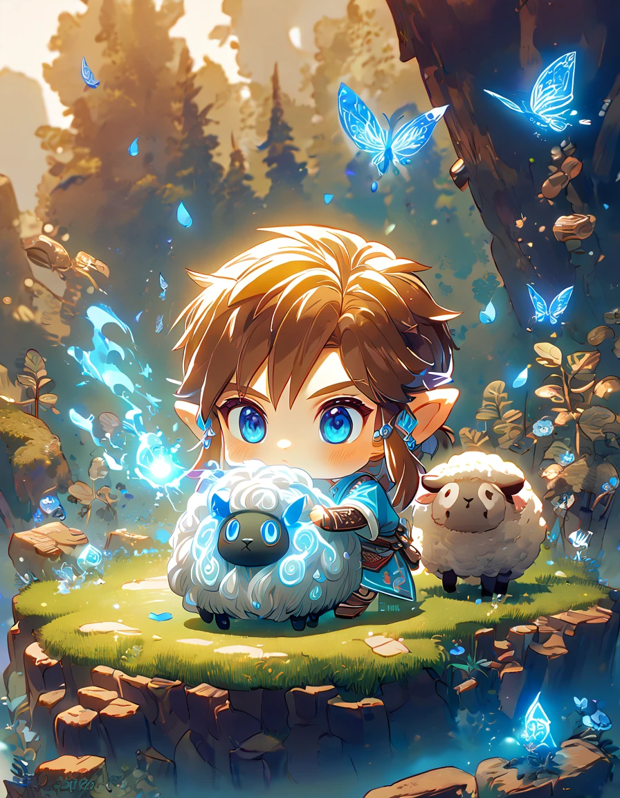 absurdesten, highres, Extrem detailliert, HDR, Meisterwerk, beste Qualität, Extrem detailliert, Chibi-Link, braune Haare, ausdrucksstarke blaue Augen, Die Legende von Zelda Breath of the Wild, Junge umarmt ein Schaf, Niedlich, Klein, blaue Tunika, Magieal, Fantasie, Magie, blaues Feuer, Wald, glänzend, blaue Schmetterlinge, Blaue Blütenblätter, blaue Blumen