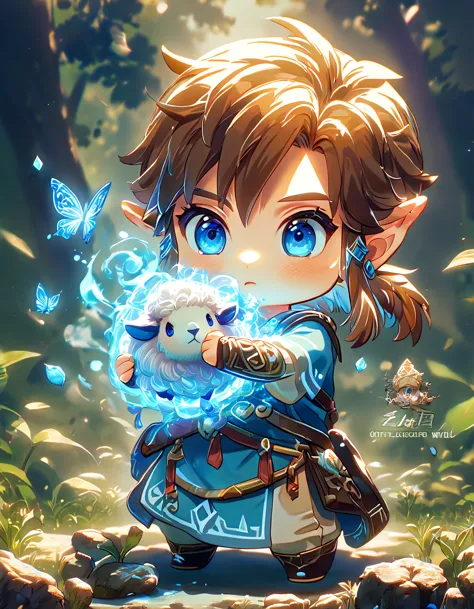 absurdres, highres, ultra detailed, HDR, master piece, best quality, extremely detailed, Link chibi, brown hair, expressive blue...