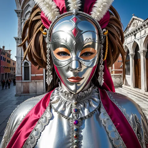 wide-angle depiction that captures the entire body,venice carnival,asymmetrical mask,silver mask,flashy protrusions,colorful lon...