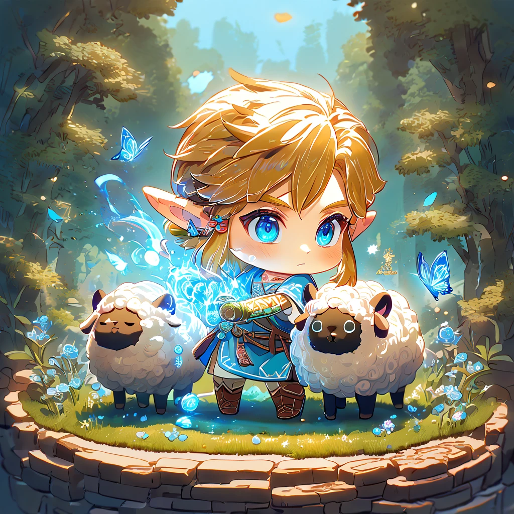 absurdesten, highres, Extrem detailliert, HDR, Meisterwerk, beste Qualität, Extrem detailliert, Chibi-Link, Blondes Haar, ausdrucksstarke blaue Augen, Die Legende von Zelda Breath of the Wild, Junge umarmt ein Schaf, Niedlich, Klein, blaue Tunika, Magieal, Fantasie, Magie, blaues Feuer, Wald, glänzend, blaue Schmetterlinge, Blaue Blütenblätter, blaue Blumen