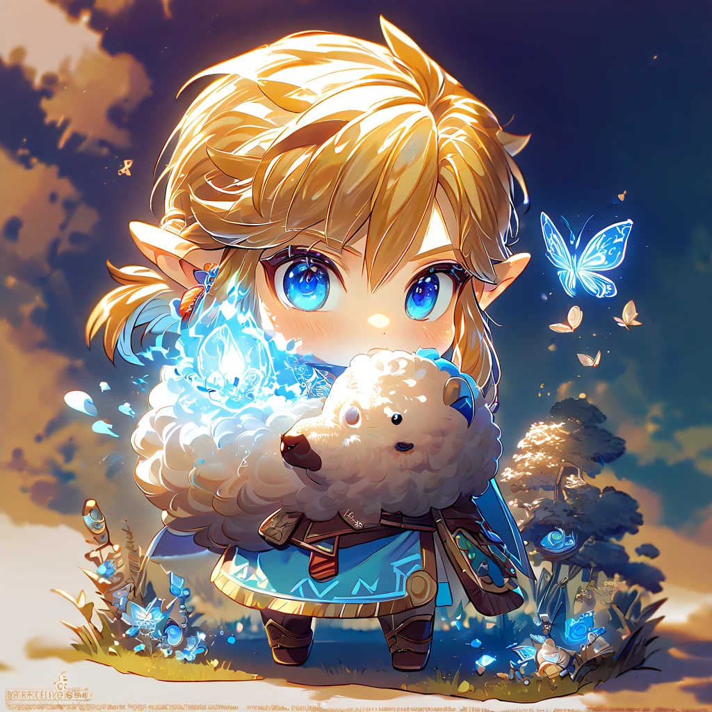 absurdesten, highres, Extrem detailliert, HDR, Meisterwerk, beste Qualität, Extrem detailliert, Chibi-Link, Blondes Haar, ausdrucksstarke blaue Augen, Die Legende von Zelda Breath of the Wild, Junge umarmt ein Schaf, Niedlich, Klein, blaue Tunika, Magieal, Fantasie, Magie, blaues Feuer, Wald, glänzend, blaue Schmetterlinge, Blaue Blütenblätter, blaue Blumen