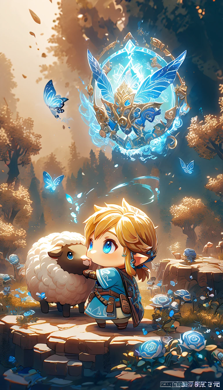 absurdres, highres, ultra detailed, HDR, master piece, best quality, extremely detailed, Link chibi, blonde hair, expressive blue eyes, The Legend Of Zelda Breath Of The Wild, boy hugging a sheep, cute, small, blue tunic, magical, fantasy, magic, blue fire, forest, glittering, blue butterflies, blue petals, blue flowers