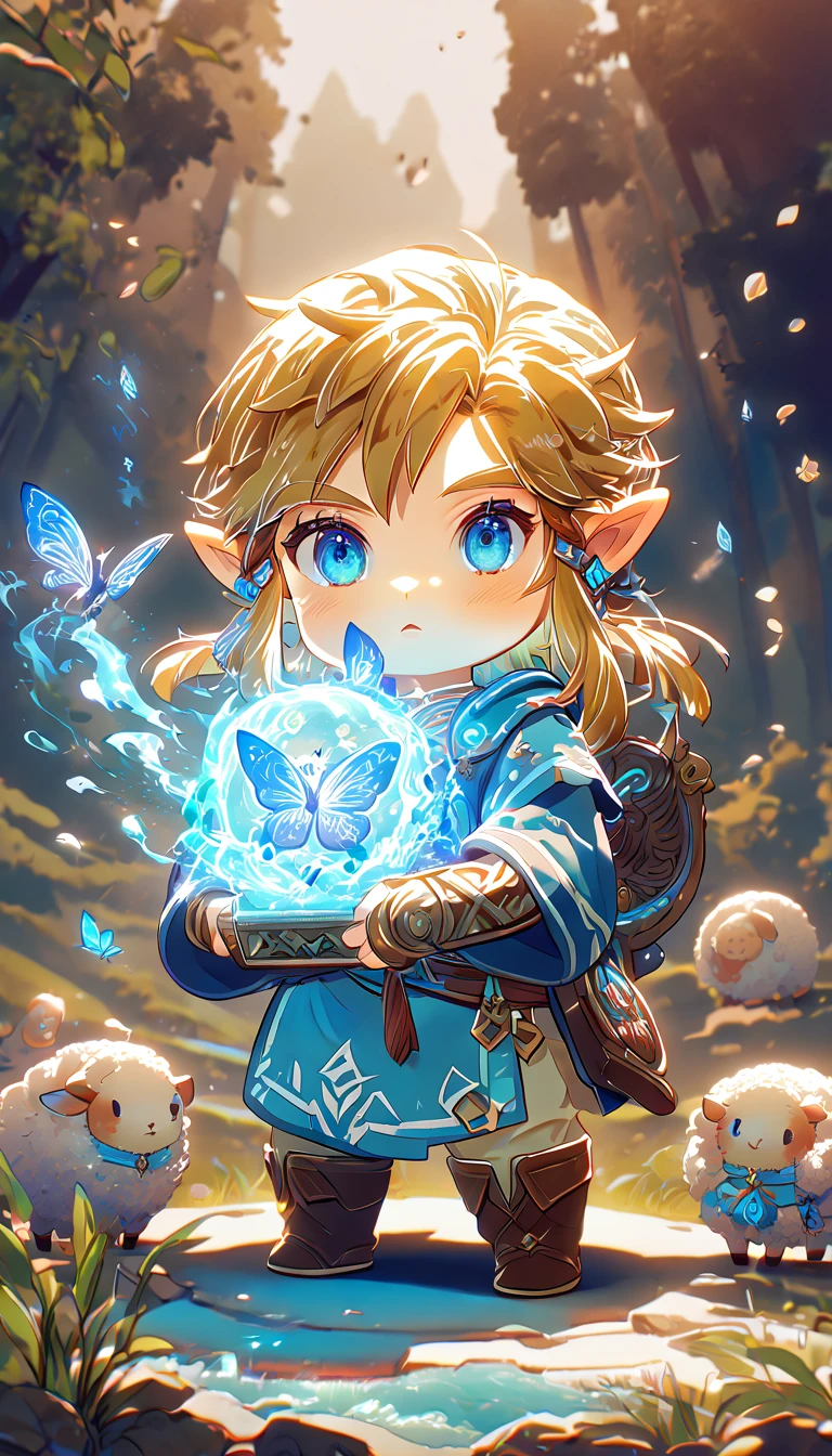 absurdesten, highres, Extrem detailliert, HDR, Meisterwerk, beste Qualität, Extrem detailliert, Chibi-Link, Blondes Haar, ausdrucksstarke blaue Augen, Die Legende von Zelda Breath of the Wild, Junge umarmt ein Schaf, Niedlich, Klein, blaue Tunika, Magieal, Fantasie, Magie, blaues Feuer, Wald, glänzend, blaue Schmetterlinge, Blaue Blütenblätter, blaue Blumen