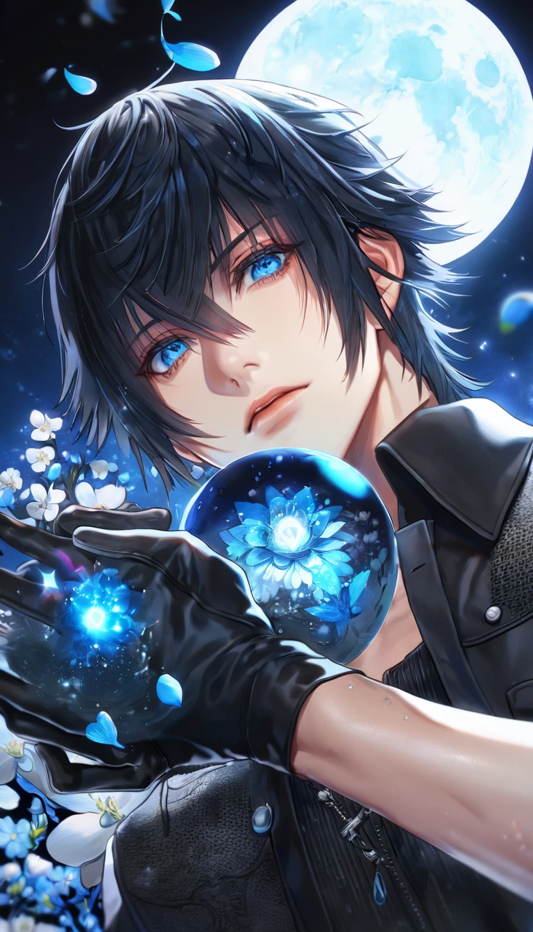 absurdesten, highres, Extrem detailliert, HDR, Meisterwerk, Noctis Lucis Caelum, schwarzes Haar, ausdrucksstarke blaue Augen, Final Fantasy XV, sexy Mann, Gutaussehend, beste Qualität, blauer Mond, Blumen, Fantasie, magisch, Allein, Wasser, blau leuchtende Glühwürmchen, Blaue Blütenblätter, schwarze Jacke, schwarzes Shirt, schwarze Handschuhe, einen weißen Moogle halten