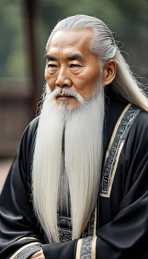 a wise old chinese taoist wizard in flowing black robes, long white beard and eyebrows, wearing a traditional scholar&#39;s hat,...