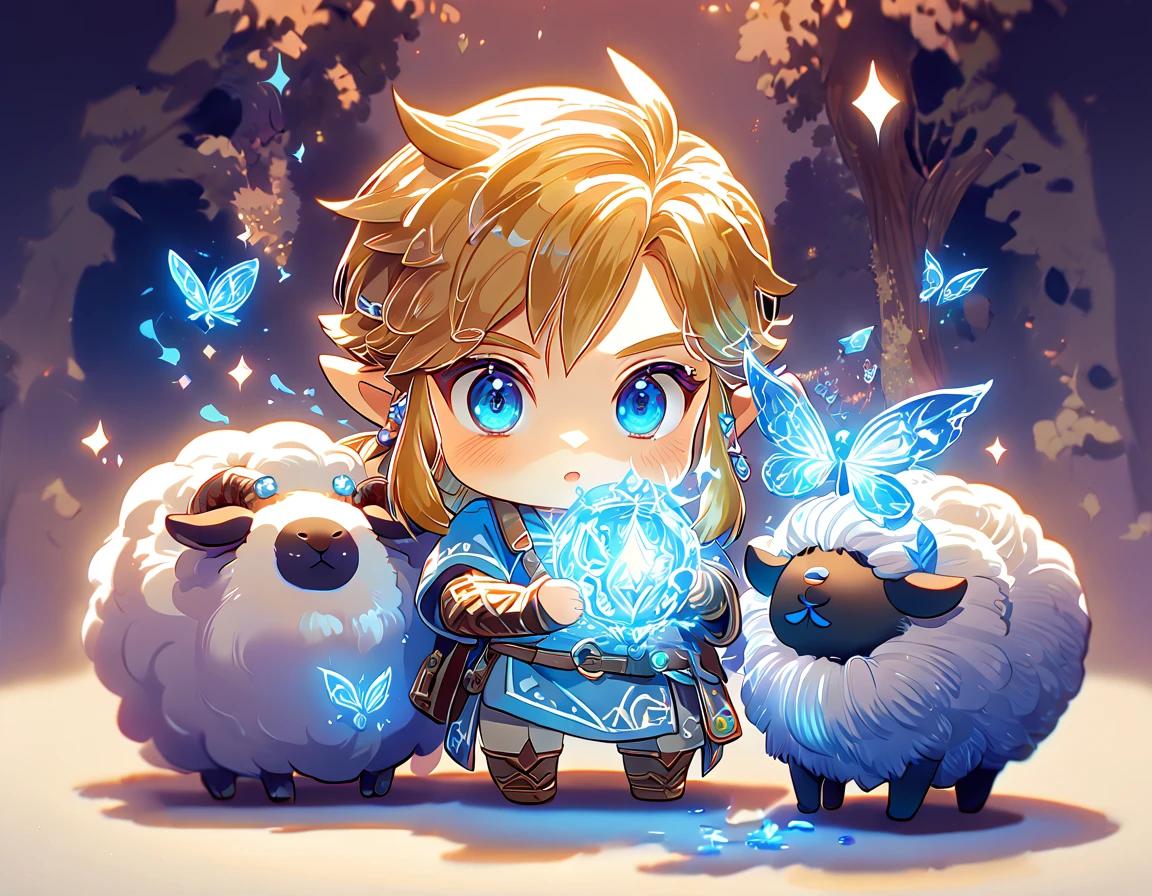 absurdesten, highres, Extrem detailliert, HDR, Meisterwerk, beste Qualität, Extrem detailliert, Chibi-Link, Blondes Haar, ausdrucksstarke blaue Augen, Die Legende von Zelda Breath of the Wild, Junge umarmt ein Schaf, Niedlich, Klein, blaue Tunika, Magieal, Fantasie, Magie, blaues Feuer, Wald, glänzend, blaue Schmetterlinge, Blaue Blütenblätter, blaue Blumen