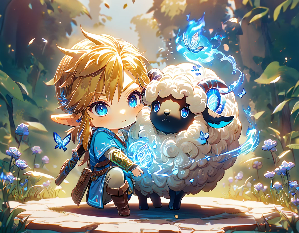 absurdesten, highres, Extrem detailliert, HDR, Meisterwerk, beste Qualität, Extrem detailliert, Chibi-Link, Blondes Haar, ausdrucksstarke blaue Augen, Die Legende von Zelda Breath of the Wild, Junge umarmt ein Schaf, Niedlich, Klein, blaue Tunika, Magieal, Fantasie, Magie, blaues Feuer, Wald, glänzend, blaue Schmetterlinge, Blaue Blütenblätter, blaue Blumen