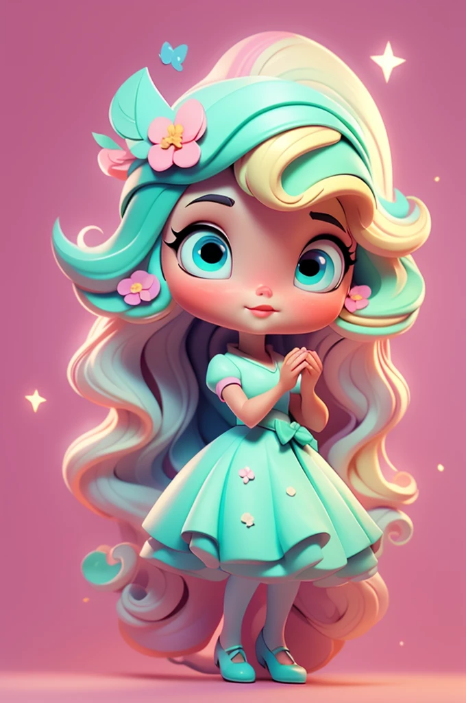 imagem de alta qualidade de uma boneca chibi Ariana Grande: boneca chibi ,illustration,detalhes delicados,Pose encantadora,lovely expression,cores suaves,roupa bonita,cabelos intrincados,beautiful eyes and lips,melhor qualidade,ultra-detalhado,fotorrealista,vivid colors, solid background, profesional lighting, girly accessories, espressiva, headband flowers, blue eyes, ombre hair, long hair, basket of flowers in hands, lovely pose, black eyes, wearing a fairy outfit pastel colors glitter, mint green, pink, and soft purple, exuberant, perfect, centered in the photo with a white background, nitid, fairy vibes, standing, pink flat shoes, vibrant, white background, blonde hair, blonde hair, hair blonde
