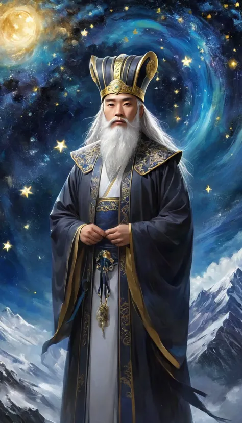 a wise old chinese taoist sorcerer in flowing black robe, long white beard and eyebrows, wearing a traditional scholar's hat, st...