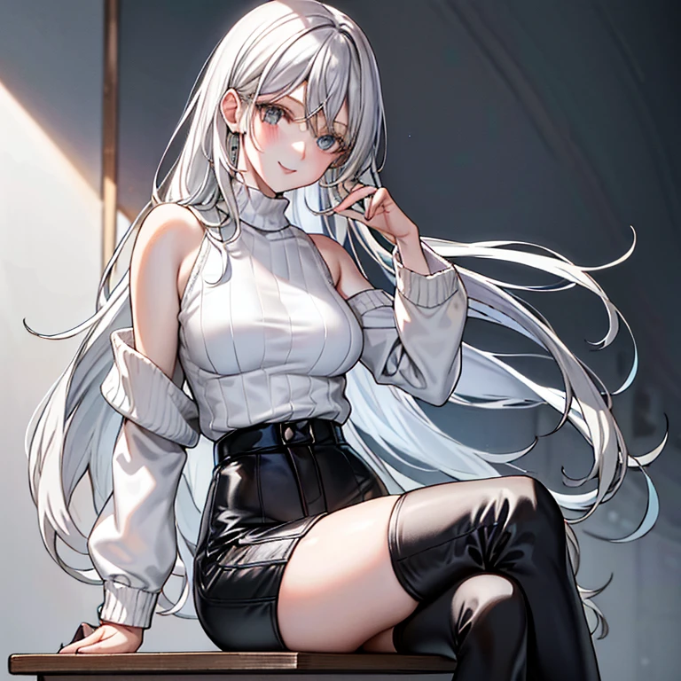 sit on chair，Absolute realm，‎Classroom，Sitting，Crossed legs，Ultra High Resolution, 16k, ((Masterpiece)), ((Best Quality))), ((Ultra Detailed)), (ultra high resolution), 1girl, looking at viewer, (lipstick:0.75), winter, vivid colors, Silver hair, Pale skin, Beautiful detailed face, Detailed eyes, posing on a white background, dynamic lighting, dynamic shadowing, looking at viewer, White stone punk fashion,(Posing for a photo),((White clothes)), (((black thigh highs))), jean shorts, skirt, white sweater, ((Blue eyes)), happy, smiling, black straps, black strap design, ((Long white hair)), energetic, cheerful, cityscape background, (((long black sleeves))), ((long black sleeves)), black sleeves, ((((pure white sweater))))