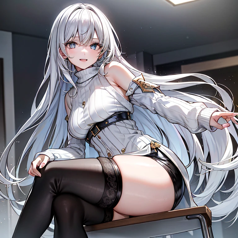 sit on chair，Absolute realm，‎Classroom，Sitting，Crossed legs，Ultra High Resolution, 16k, ((Masterpiece)), ((Best Quality))), ((Ultra Detailed)), (ultra high resolution), 1girl, looking at viewer, (lipstick:0.75), winter, vivid colors, Silver hair, Pale skin, Beautiful detailed face, Detailed eyes, posing on a white background, dynamic lighting, dynamic shadowing, looking at viewer, White stone punk fashion,(Posing for a photo),((White clothes)), (((black thigh highs))), jean shorts, skirt, white sweater, ((Blue eyes)), happy, smiling, black straps, black strap design, ((Long white hair)), energetic, cheerful, cityscape background, (((long black sleeves))), ((long black sleeves)), black sleeves, ((((pure white sweater))))