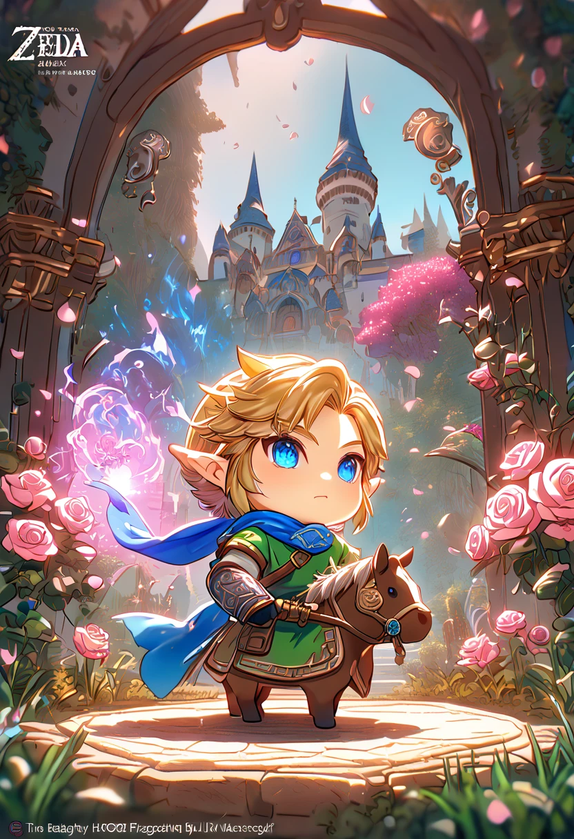 absurdesten, highres, Extrem detailliert, HDR, Meisterwerk, beste Qualität, Extrem detailliert, Chibi-Link, Blondes Haar, ausdrucksstarke blaue Augen, Die Legende von Zelda Hyrule Warriors, Junge umarmt ein braunes Pferd, Niedlich, Klein, Blauer Schal, greeb tunic, Magieal, Fantasie, Magie, Schloss, garden, rosa Rosen, Rosa Blütenblätter, Säulen 