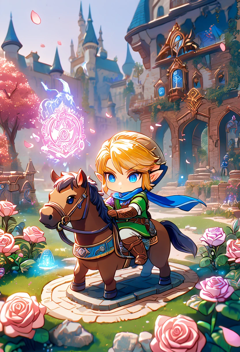 absurdesten, highres, Extrem detailliert, HDR, Meisterwerk, beste Qualität, Extrem detailliert, Chibi-Link, Blondes Haar, ausdrucksstarke blaue Augen, Die Legende von Zelda Hyrule Warriors, Junge umarmt ein braunes Pferd, Niedlich, Klein, Blauer Schal, greeb tunic, Magieal, Fantasie, Magie, Schloss, garden, rosa Rosen, Rosa Blütenblätter, Säulen 