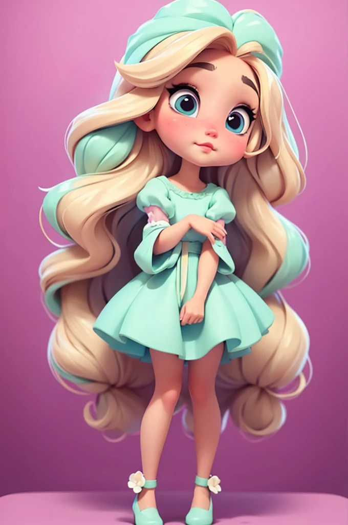 imagem de alta qualidade de uma boneca chibi Ariana Grande: boneca chibi ,illustration,detalhes delicados,Pose encantadora,lovely expression,cores suaves,roupa bonita,cabelos intrincados,beautiful eyes and lips,melhor qualidade,ultra-detalhado,fotorrealista,vivid colors, solid background, profesional lighting, girly accessories, espressiva, headband flowers, blue eyes, ombre hair, long hair, basket of flowers in hands, lovely pose, black eyes, wearing a fairy outfit pastel colors glitter, mint green, pink, and soft purple, exuberant, perfect, centered in the photo with a white background, nitid, fairy vibes, standing, pink flat shoes, vibrant, white background, blonde hair, blonde hair, hair blonde
